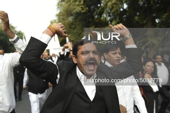 Lawyers march towards India Gate from the Supreme Court premises as they protest against Delhi Police on 4 November 2019 in New Delhi, India...