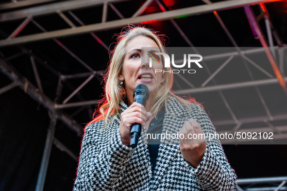 Lilian Marijnissen from the political party SP is seen giving a speech, during the massive teachers demonstration that took place in The Hag...