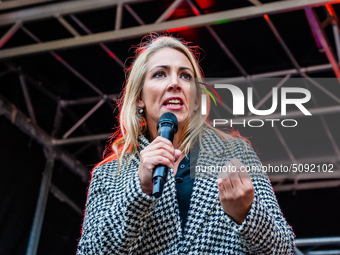 Lilian Marijnissen from the political party SP is seen giving a speech, during the massive teachers demonstration that took place in The Hag...