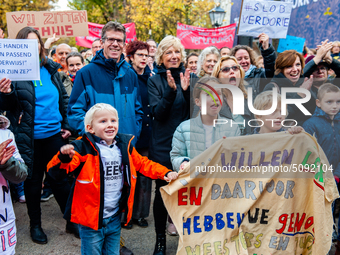 Some children are seen shouting slogans during the massive teachers demonstration that took place in The Hague, on November 6th, 2019. (