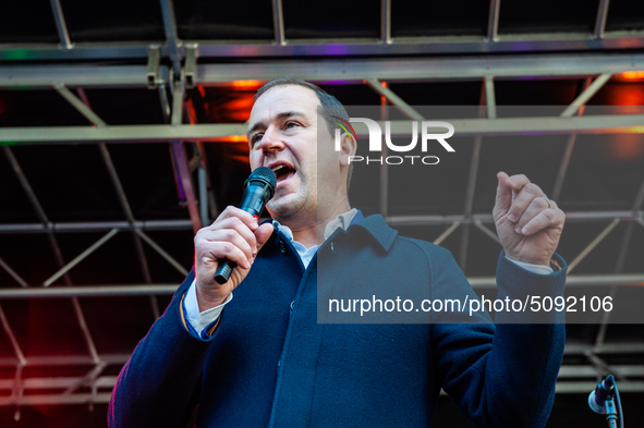 Lodewijk Asscher from the political party PvDA, is seen giving a speech during the massive teachers demonstration that took place in The Hag...