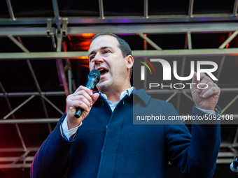 Lodewijk Asscher from the political party PvDA, is seen giving a speech during the massive teachers demonstration that took place in The Hag...