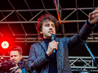 Leader of the political party Groen Links, Jesse Klaver, is seen giving a speech during the massive teachers demonstration that took place i...