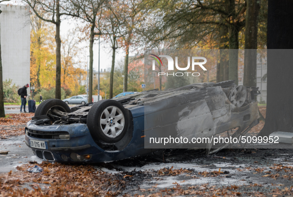 Carcass car burned in front of the Lycee Monges-La Chauviniere in Nantes, France on the sidelines of a blockade of high schools against the...