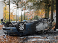 Carcass car burned in front of the Lycee Monges-La Chauviniere in Nantes, France on the sidelines of a blockade of high schools against the...