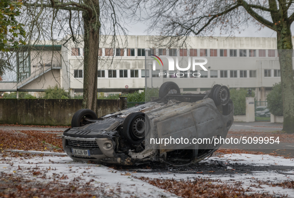 Carcass car burned in front of the Lycee Monges-La Chauviniere in Nantes, France on the sidelines of a blockade of high schools against the...