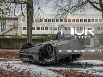 Carcass car burned in front of the Lycee Monges-La Chauviniere in Nantes, France on the sidelines of a blockade of high schools against the...