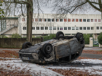 Carcass car burned in front of the Lycee Monges-La Chauviniere in Nantes, France on the sidelines of a blockade of high schools against the...