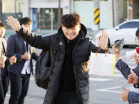 Nov 14, 2019 - Sangju, South Korea-A Group of High Schoolers cheer up for their senior group at entrance gate of Sangju high school in Sangj...