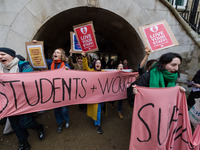 Higher and further education staff and students take part in a protest march at University College London (UCL) campus in support of univers...