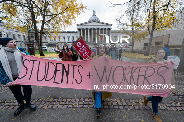 Higher and further education staff and students take part in a protest march at University College London (UCL) campus in support of univers...