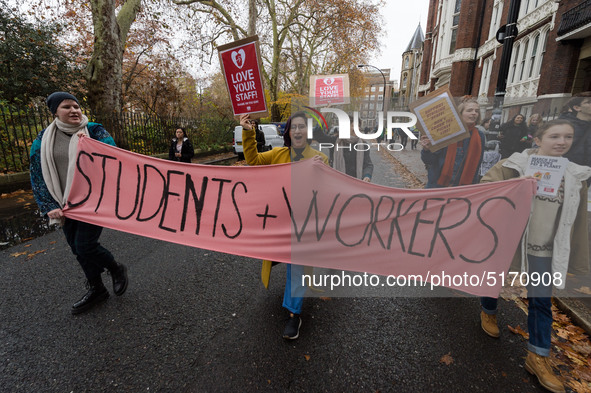 Higher and further education staff and students take part in a protest march outside University College London (UCL) buildings in support of...