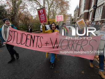 Higher and further education staff and students take part in a protest march outside University College London (UCL) buildings in support of...