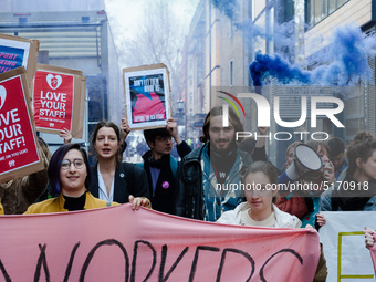 Higher and further education staff and students take part in a protest march at University College London (UCL) campus in support of univers...