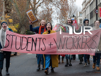 Higher and further education staff and students take part in a protest march outside University College London (UCL) buildings in support of...