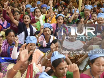 All-Assam Mid-Day Meal Workers Union activists stage a protest against government's move to hand over the Mid-Day Meal Scheme to NGO, during...