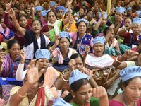 All-Assam Mid-Day Meal Workers Union activists stage a protest against government's move to hand over the Mid-Day Meal Scheme to NGO, during...