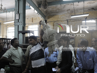 Vinod - A porter at The Russell Exchange showing off an item to open up bids during the Auction at The Russell Exchange on 5th April , 2015...