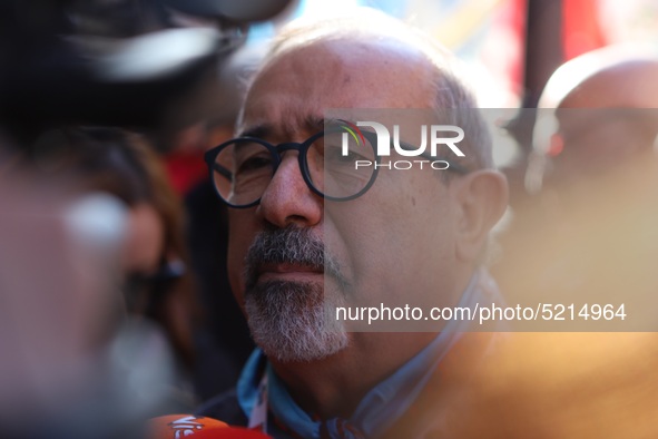 Secretary General of UIL, Carmelo Barbagallo, during a protest of ex-Ilva workers from Taranto protest in Piazza Santi Apostoli in Rome, Ita...