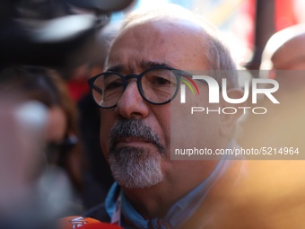 Secretary General of UIL, Carmelo Barbagallo, during a protest of ex-Ilva workers from Taranto protest in Piazza Santi Apostoli in Rome, Ita...