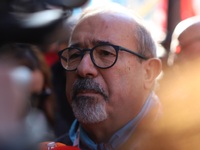 Secretary General of UIL, Carmelo Barbagallo, during a protest of ex-Ilva workers from Taranto protest in Piazza Santi Apostoli in Rome, Ita...