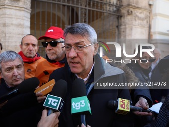 General Secretary of the Italian General Confederation of Labour (CGIL), Maurizio Landini addresses the media during a protest of ex-Ilva wo...