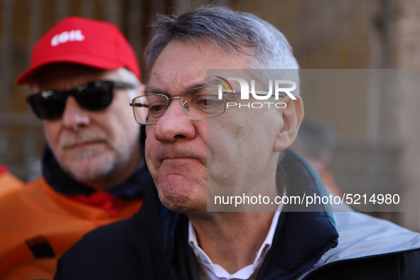 General Secretary of the Italian General Confederation of Labour (CGIL), Maurizio Landini addresses the media during a protest of ex-Ilva wo...