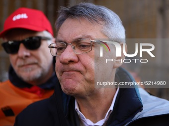 General Secretary of the Italian General Confederation of Labour (CGIL), Maurizio Landini addresses the media during a protest of ex-Ilva wo...