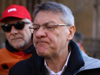 General Secretary of the Italian General Confederation of Labour (CGIL), Maurizio Landini addresses the media during a protest of ex-Ilva wo...