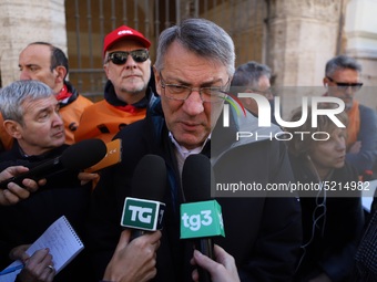 General Secretary of the Italian General Confederation of Labour (CGIL), Maurizio Landini addresses the media during a protest of ex-Ilva wo...