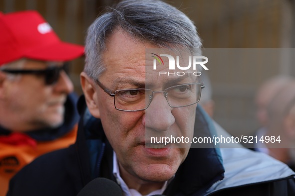 General Secretary of the Italian General Confederation of Labour (CGIL), Maurizio Landini addresses the media during a protest of ex-Ilva wo...