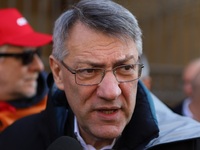 General Secretary of the Italian General Confederation of Labour (CGIL), Maurizio Landini addresses the media during a protest of ex-Ilva wo...