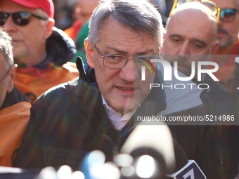 General Secretary of the Italian General Confederation of Labour (CGIL), Maurizio Landini addresses the media during a protest of ex-Ilva wo...