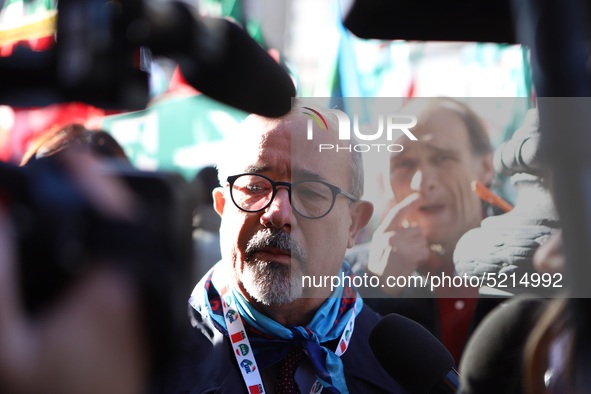 General Secretary of the Italian General Confederation of Labour (CGIL), Maurizio Landini addresses the media during a protest of ex-Ilva wo...