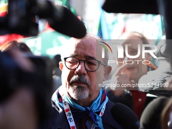 General Secretary of the Italian General Confederation of Labour (CGIL), Maurizio Landini addresses the media during a protest of ex-Ilva wo...