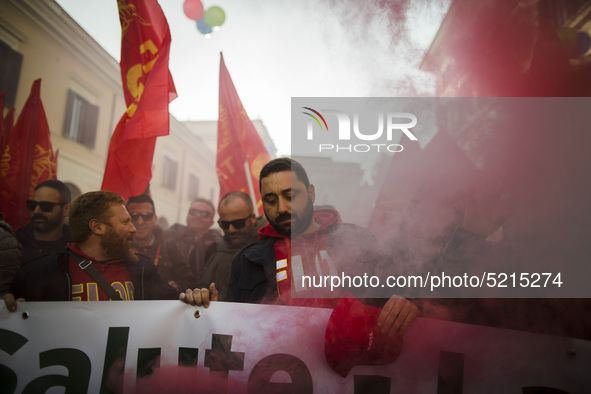 Hundreds of Ilva workers from Taranto protest in Piazza Santi Apostoli in Rome, Italy, on December 10, 2019.Workers from the FIOM metalworke...