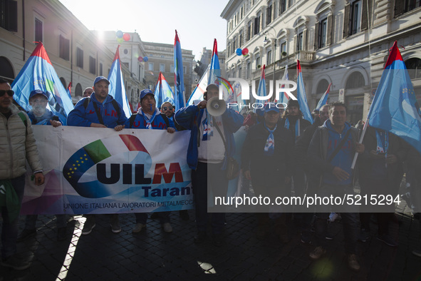 Hundreds of Ilva workers from Taranto protest in Piazza Santi Apostoli in Rome, Italy, on December 10, 2019.Workers from the FIOM metalworke...