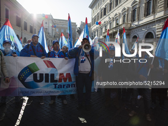 Hundreds of Ilva workers from Taranto protest in Piazza Santi Apostoli in Rome, Italy, on December 10, 2019.Workers from the FIOM metalworke...