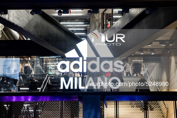 Employees of the well-known clothing brand Adidas protest in front of the Adidas store in Milan against the 41 dismissals due to the relocat...