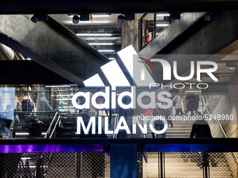 Employees of the well-known clothing brand Adidas protest in front of the Adidas store in Milan against the 41 dismissals due to the relocat...