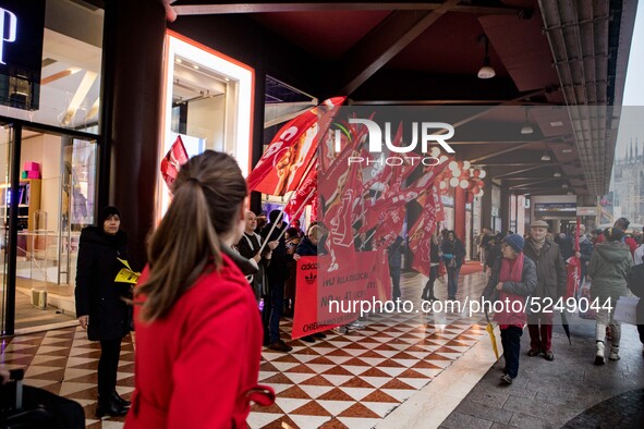 Employees of the well-known clothing brand Adidas protest in front of the Adidas store in Milan against the 41 dismissals due to the relocat...