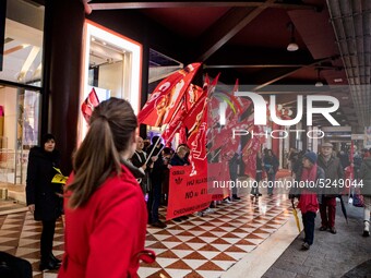 Employees of the well-known clothing brand Adidas protest in front of the Adidas store in Milan against the 41 dismissals due to the relocat...