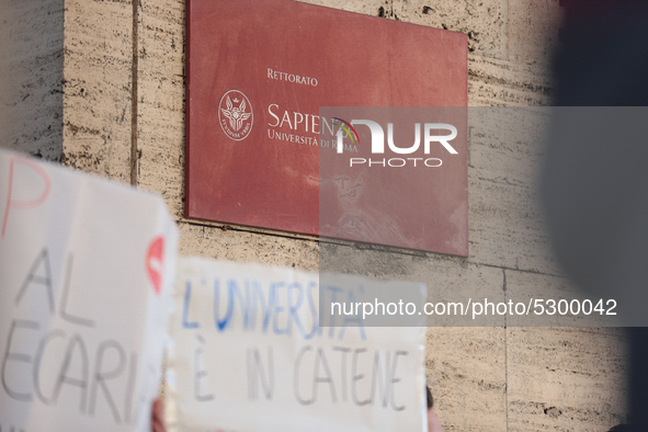 University researchers of the Sapienza University of Rome protest on 9 January 2020 inside the university because the Italian government doe...