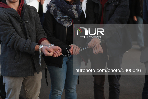 University researchers of the Sapienza University of Rome protest on 9 January 2020 inside the university because the Italian government doe...