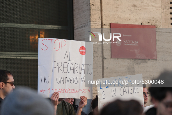 University researchers of the Sapienza University of Rome protest on 9 January 2020 inside the university because the Italian government doe...