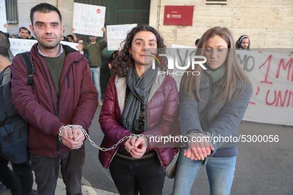 University researchers of the Sapienza University of Rome protest on 9 January 2020 inside the university because the Italian government doe...