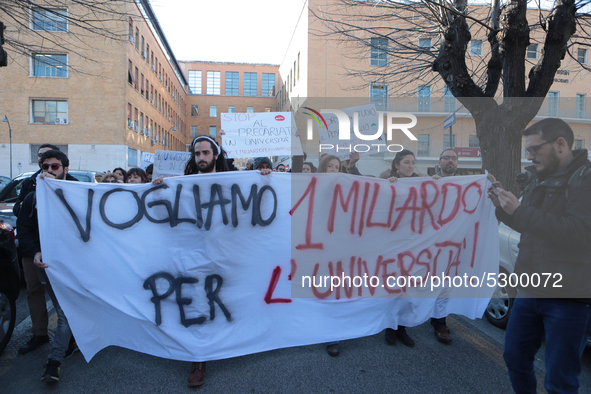 University researchers of the Sapienza University of Rome protest on 9 January 2020 inside the university because the Italian government doe...