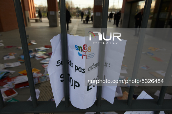 High school teachers gathered in front of the Board of Education of Haute Garonne. They throwed old schoolbooks in the backyard of the Board...