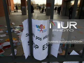 High school teachers gathered in front of the Board of Education of Haute Garonne. They throwed old schoolbooks in the backyard of the Board...