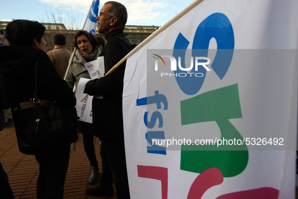 High school teachers gathered in front of the Board of Education of Haute Garonne. They throwed old schoolbooks in the backyard of the Board...